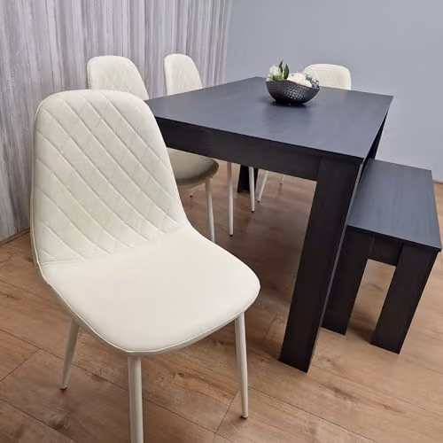 KOSY KOALA Grey Rectangular Dining Table Set with 1 Bench and 4 Cream Faux Leather Chairs – 2
