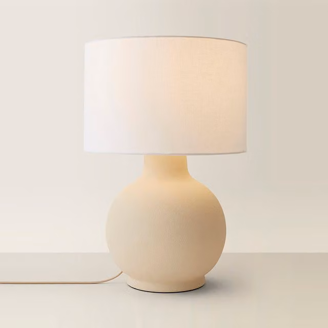 Blair Large Round Ceramic Table Lamp with Fabric Drum Lampshade in Beige and Grey