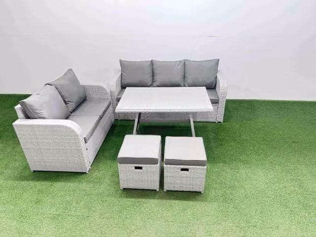 Fimous Modern Rectangular Dining Table and Sofa Set with 2 Stools in Light Grey