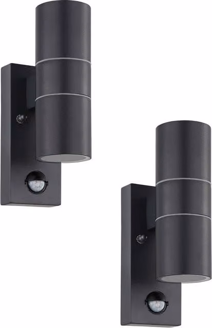 Loops 2 Pack Anthracite Steel Outdoor Wall Lights with PIR Motion Sensor, IP44 Rated, GU10 Up and Down Lanterns