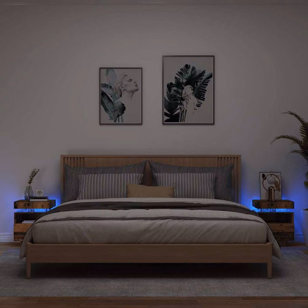 Berkfield Home Decorative Bedside Cabinets with Integrated LED Lights, 2 Piece Set, Brown, W: 40 cm, D: 39 cm, H: 48.5 cm – 2
