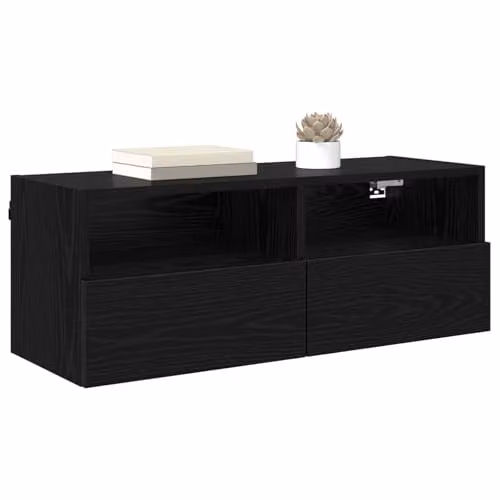 vidaXL Set of 2 Modern Black Wall-Mounted TV Cabinets in Black Oak Engineered Wood