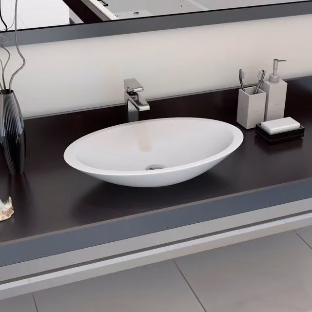 Berkfield Home Oval Mineral Cast Countertop Wash Basin, White, W: 59.3 cm, D: 35.1 cm, H: 10.7 cm – 1
