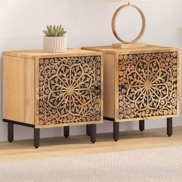 Berkfield Home Set of 2 Solid Mango Wood Bedside Cabinets in Brown, W/D/H: 40 x 33 x 46 cm