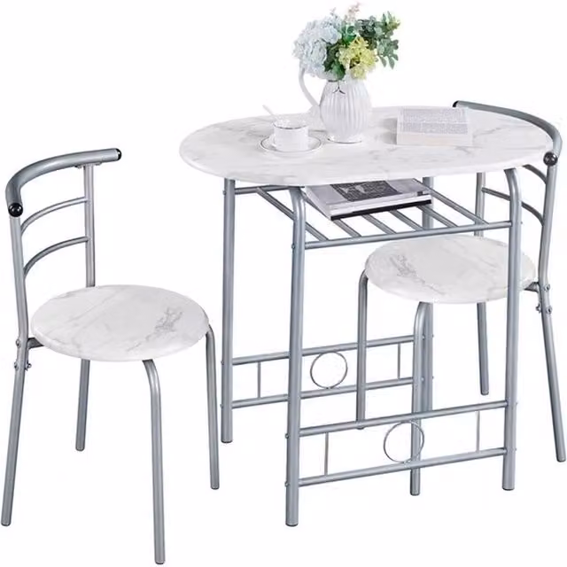 Kelvenix 3 Piece Modern Round Dining Table and Chairs Set in Grey and White with Marble Effect Top and Metal Legs