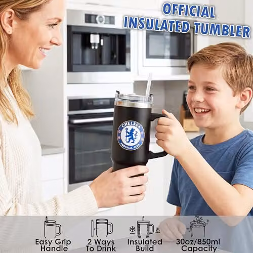 Get Trend Chelsea FC Insulated Stainless Steel Tumbler with Straw and Handle, Black, 850ml – 2