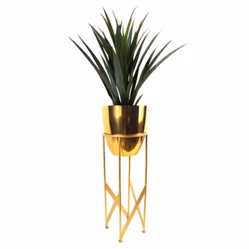 Leaf Tall Metal Plant Stand with Gold Planter and Artificial Yellow Yukka Plant, H 90 cm x W 19 cm x D 19 cm