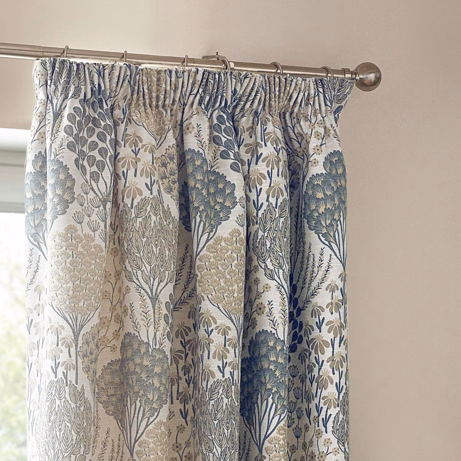 Wylder Ophelia Floral Room Darkening Pencil Pleat Curtain Pair in Mid Blue, Width: 168 cm, Drop: 229 cm – 2