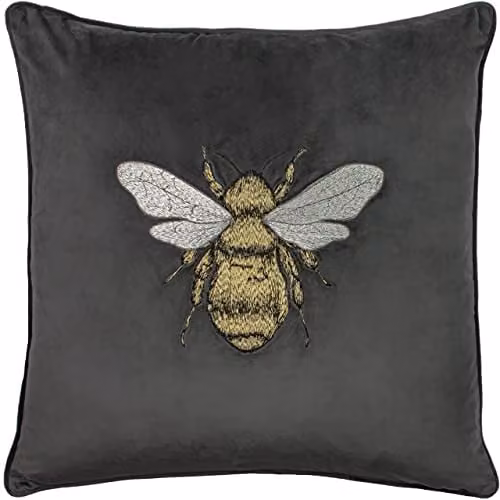 Paoletti Hortus Embroidered Bee Velvet Cushion in Anthracite Grey, W/D/H: 50 x 50 x 50 cm
