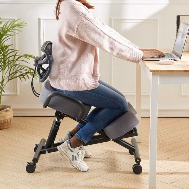 Livingandhome Modern Adjustable Height Kneeling Chair with Castors in Grey Fabric and Metal