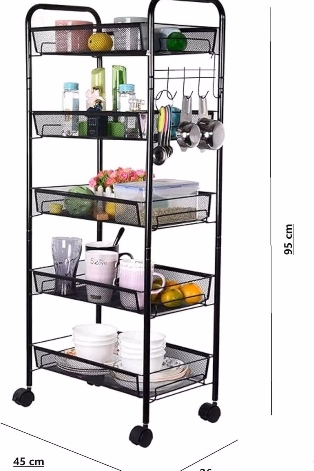 Hygrad 5 Tier Rolling Kitchen Cart with Removable Baskets and Hooks in Black – 2
