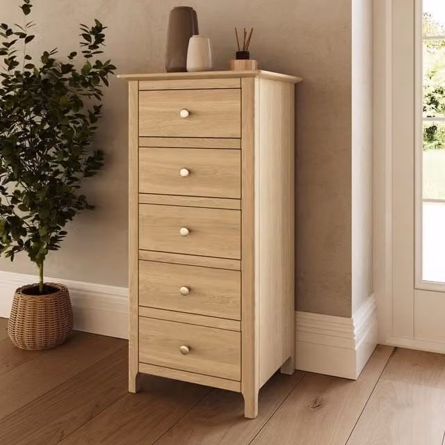 FWStyle 5 Drawer Tall Slim Storage Chest in Natural Oak Finish, H 102 cm x W 40 cm x D 50 cm