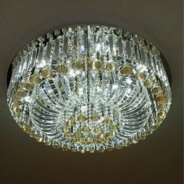 Genuine K9 Crystal Round Flush Ceiling Light in Chrome and White, Diameter: 50 cm, Height: 26 cm