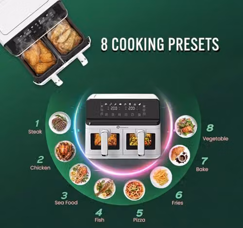 PureMate 9L Dual Basket Air Fryer in White with Digital Display and 2500W Power – 3