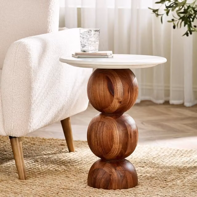 FurnitureboxUK Veer Round White Marble and Solid Acacia Wood Side Table