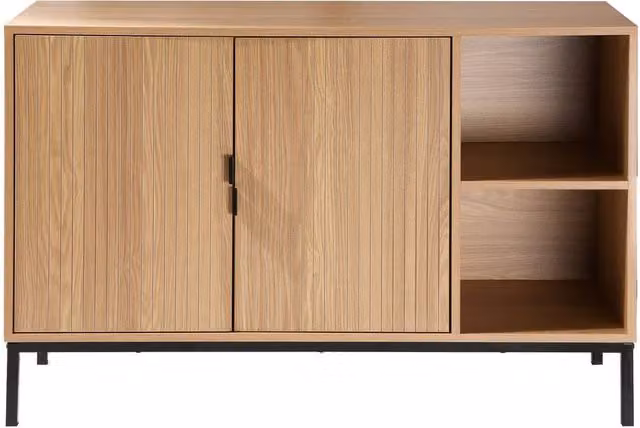 CALICOSY 2-Door Sideboard with 2 Open Niches, Grooved Wood Effect in Light Brown, W: 110 cm, D: 40 cm, H: 72 cm – 1