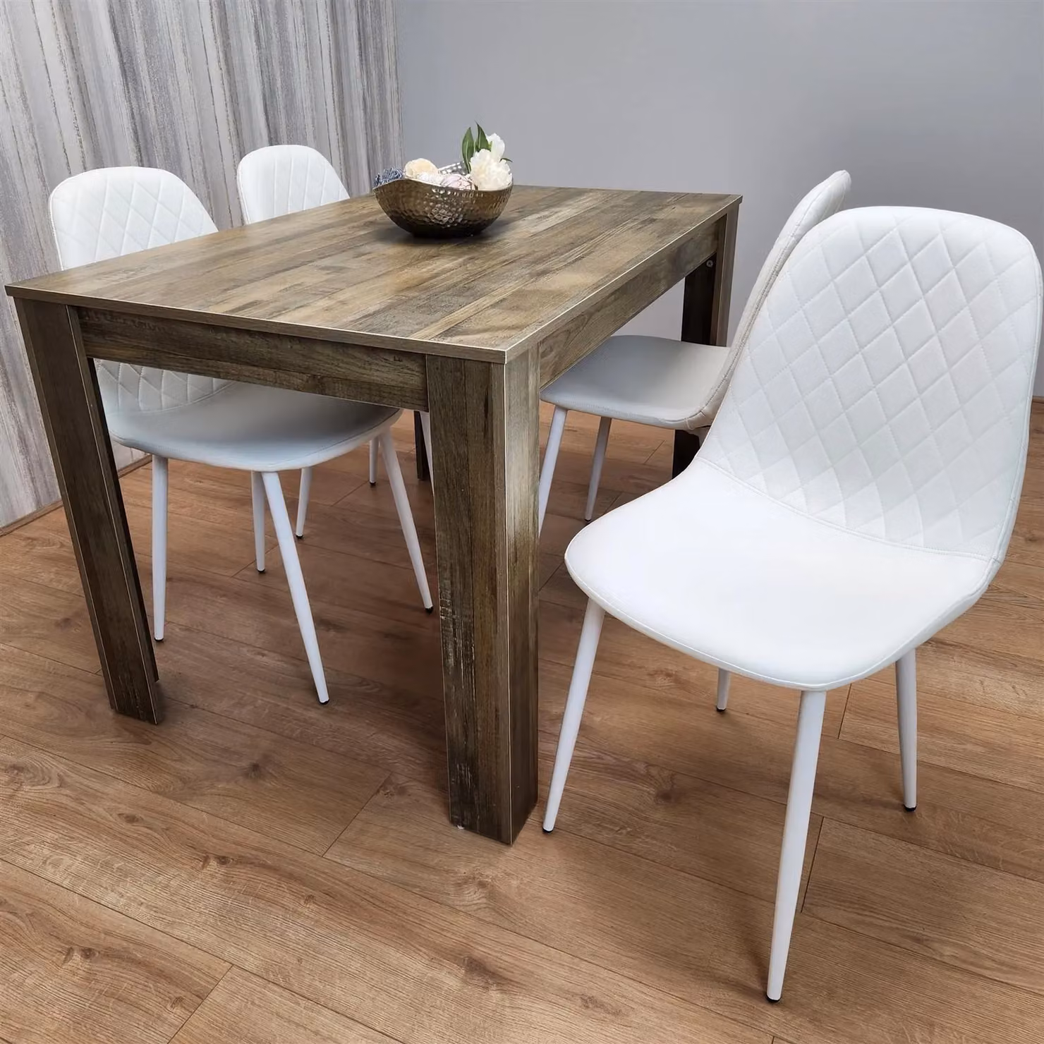 KOSY KOALA Rustic Brown Wooden Dining Table Set with 4 White Geometric Pattern Chairs – 2
