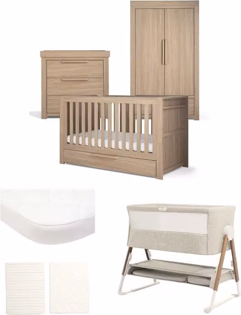Mamas & Papas Franklin Nursery Bundle with Lua Bedside Crib, 6 Piece, Natural Oak