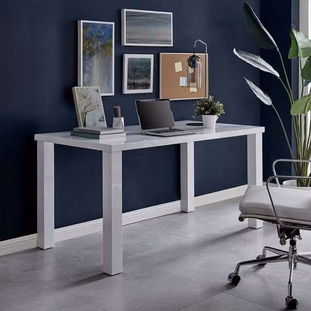 Pivero Modern White High Gloss Writing Desk for Home Office