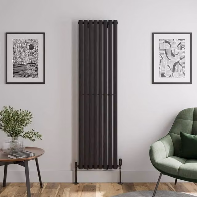 Temprazo Oval Tube Single Panel Vertical Designer Radiator, Black, H 180 cm x W 48 cm x D 4.8 cm