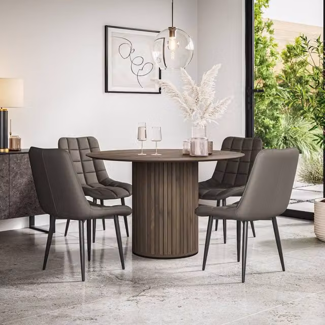 More4Homes Arlo Walnut Round Dining Table and 4 Grey Faux Leather Nova Chairs Set, W/D/H: 120 x 120 x 75 cm – 1