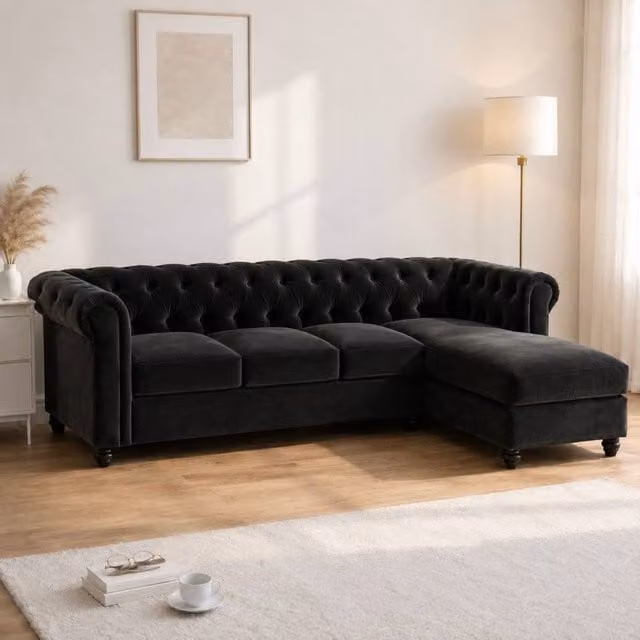 Sofaya Hampton 4 Seater L Shape Chesterfield Sofa in Black Velvet with Right Hand Chaise