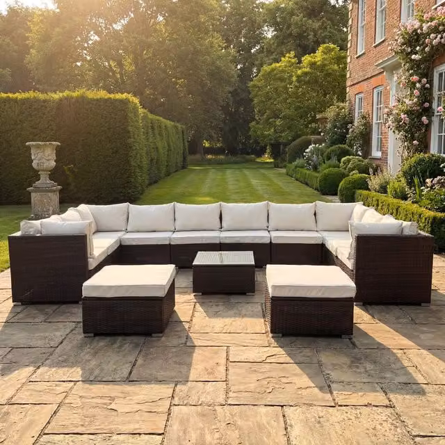 Artemis Home Oliena 12 Seat Modular Rattan Large U-Shape Garden Furniture Set in Brown and Beige
