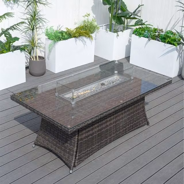 Abrihome 6 Seater Modern Rattan Fire Pit Table Set in Brown