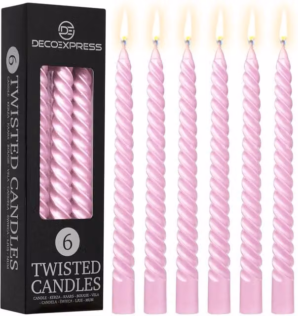 Deco Express Non-Drip Twisted Unscented Dinner Candles, Pack of 6, Rose Gold