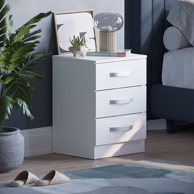 Hulio 3 Drawer High Gloss Bedside Table Chest in White