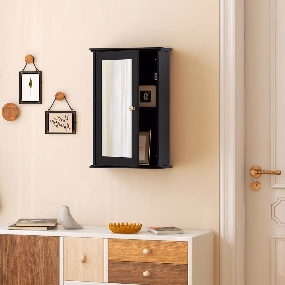Gymax Black Lacquered Wall Mounted Medicine Cabinet with Mirror and Internal Shelves – 7