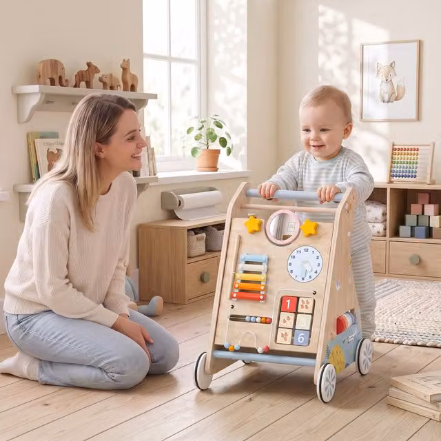 AIYAPLAY Multicolour Push Along Baby Walker in Natural Wood Finish