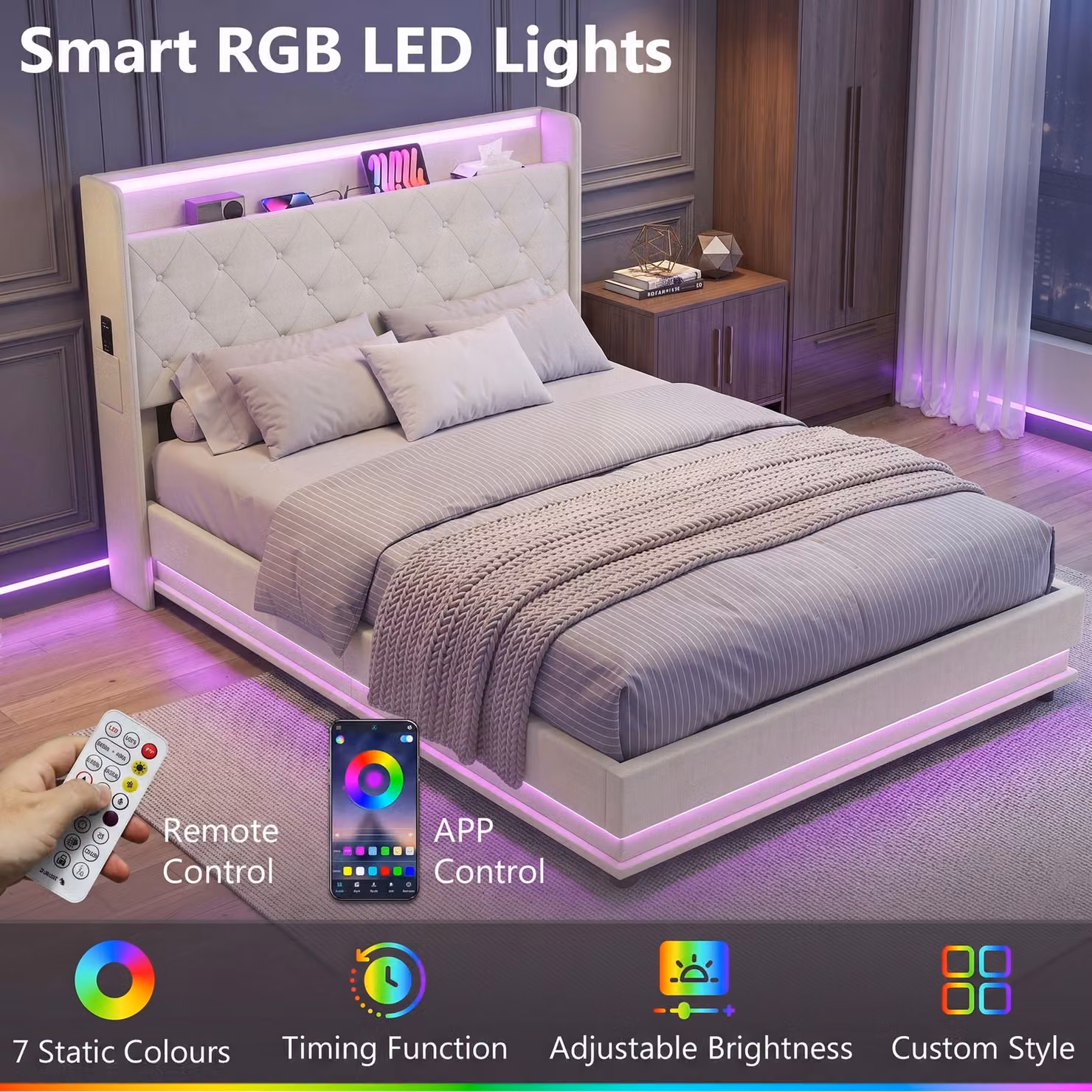 HOMCOM Double Bed Frame with Hydraulic Storage, LED Under-Bed Lighting, USB Charging Port and Headboard, Cream/Beige, 140 x 200 cm – 4