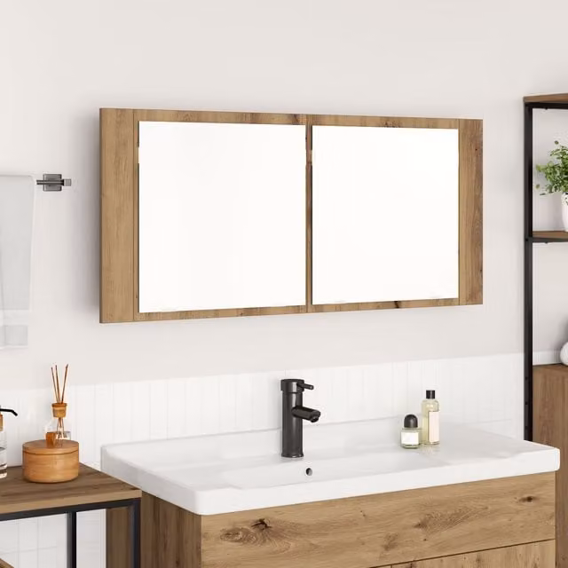 Berkfield Home Artisan Oak LED Mirror Cabinet in Brown, W/D/H: 100 x 12 x 45 cm