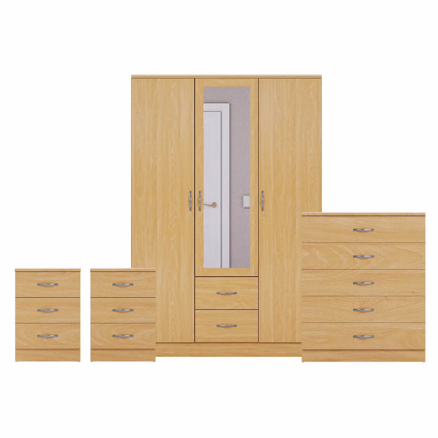 Vida Designs 4 Piece Modern Bedroom Set in Brown featuring 2x Bedside Tables, 5 Drawer Chest and 3 Door Mirror Wardrobe – 2