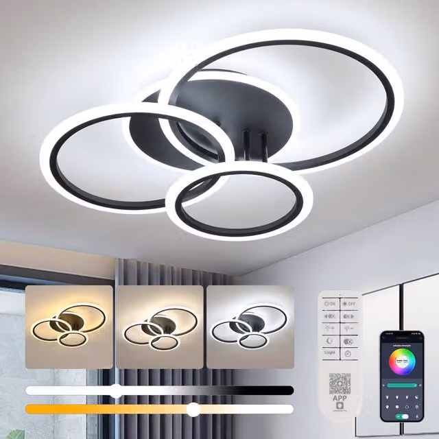 Goeco Modern LED Ring Ceiling Light, Dimmable Acrylic Flush Mount Fixture with Remote Control, Black