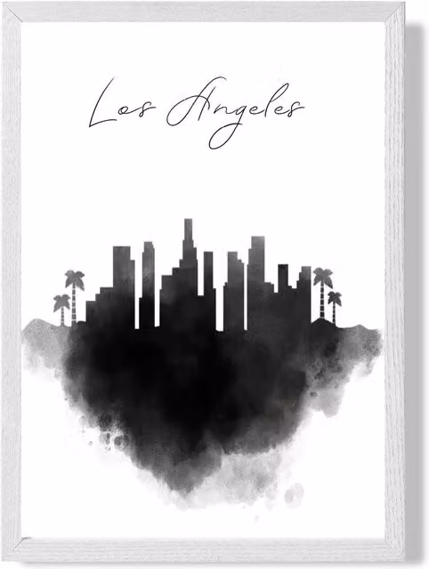 ARTZE Los Angeles Watercolour Skyline City Framed Print, Black and White, A3