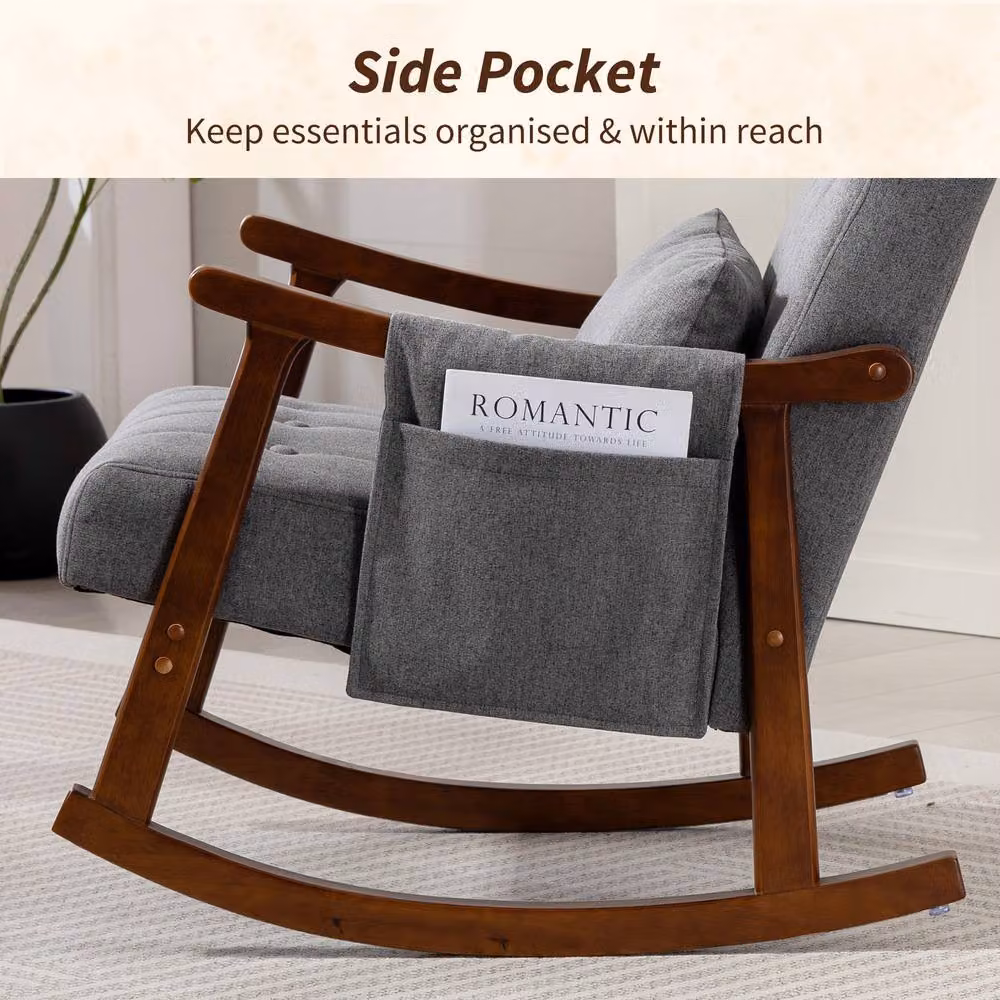 STILVORA Mid-Century Rocking Chair with Armrests and Side Pocket in Grey Fabric and Rubberwood Frame – 6