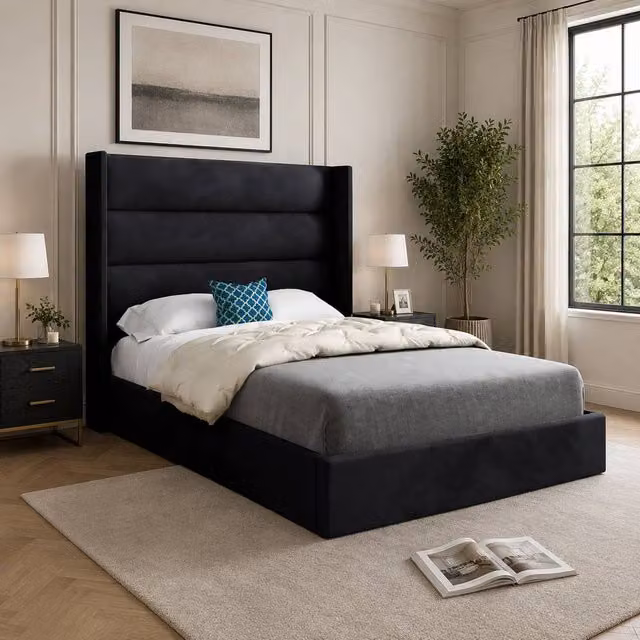 Casani Ramsey Upholstered Velvet Designer Bed Frame in Black, Super King, 200 x 200 cm – 1