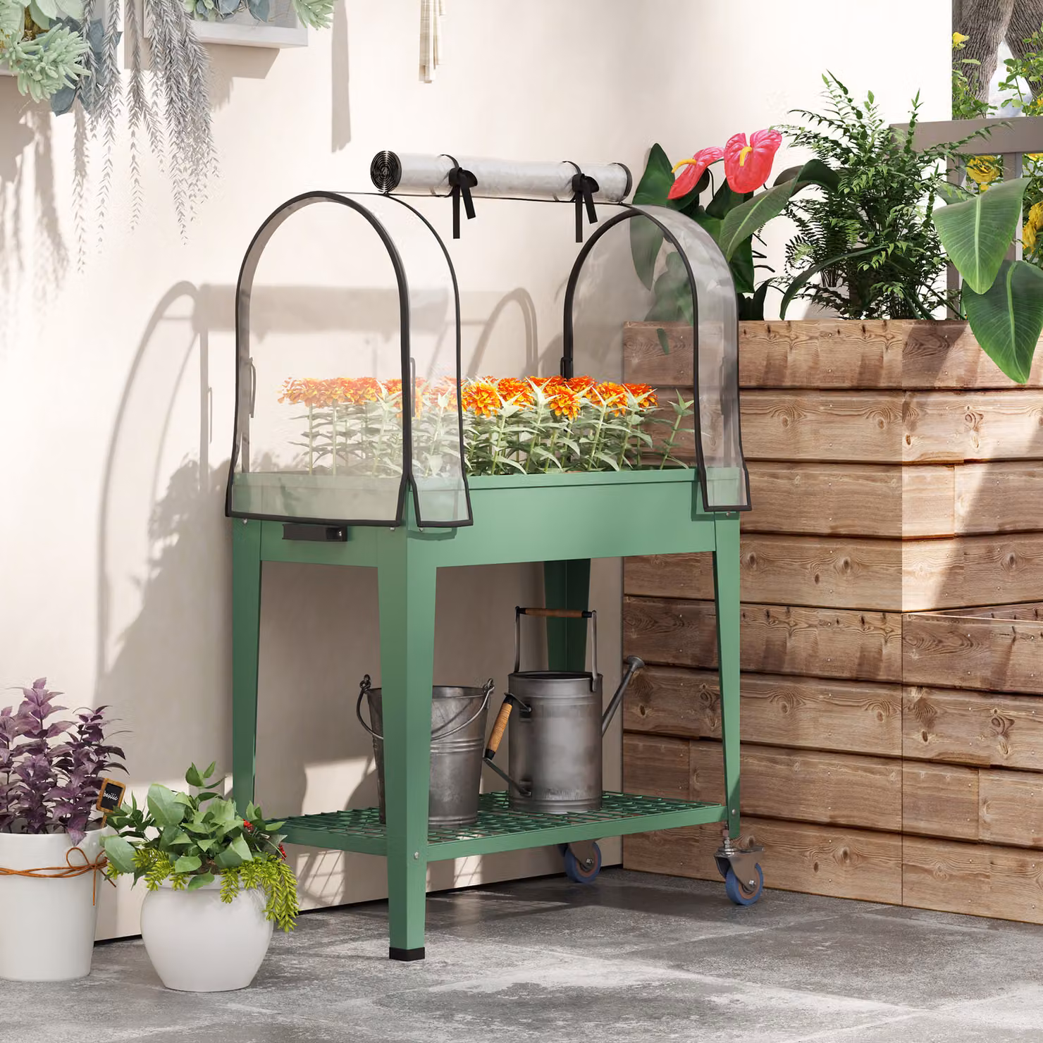 Outsunny Raised Planter with Greenhouse Cover and Bottom Shelf, Green, W/D/H: 120 x 80 x 40 cm – 6