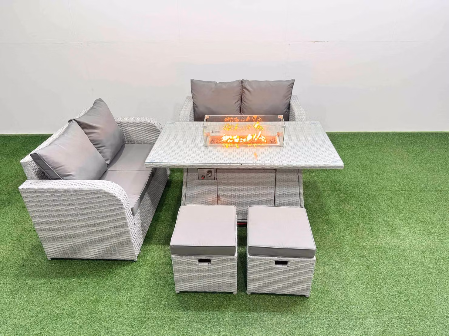 Fimous 6 Seater Rattan Garden Furniture Set in Light Grey with Firepit Dining Table and 2 Small Stools