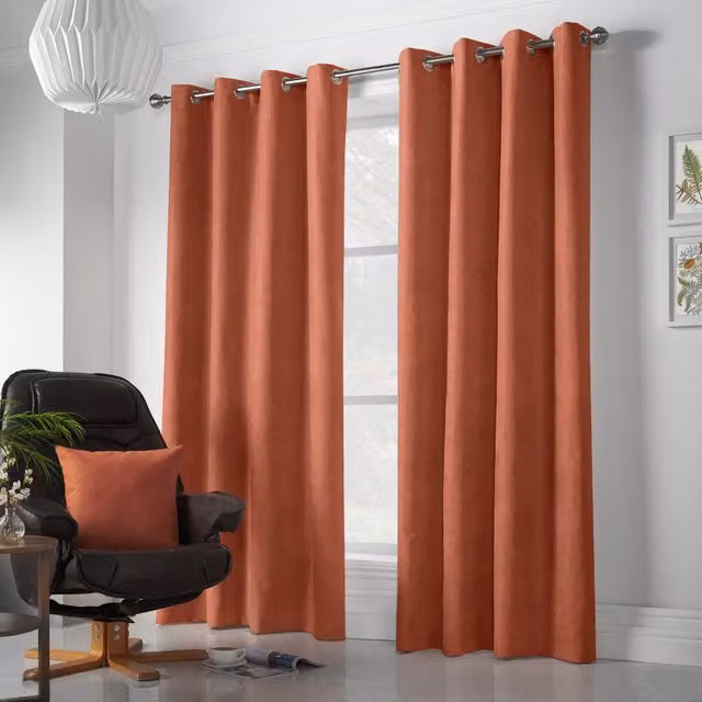 Alan Symonds Orange Velvet Chenille Eyelet Room Darkening Curtains, Pair