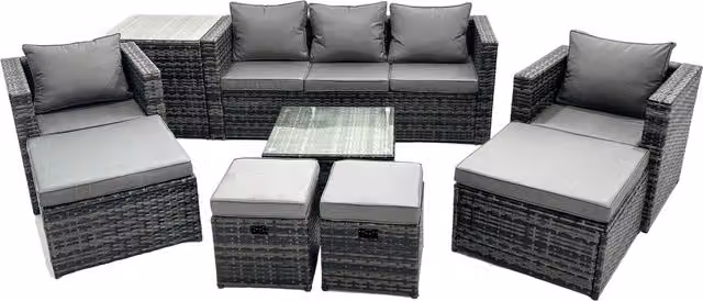 Fimous 9-Seater Rattan Patio Sofa Set in Dark Grey Mixed with Metal Frame and Upholstered Cushions