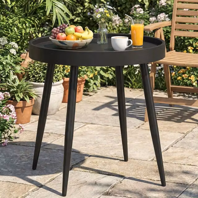 Outsunny Modern Round Garden Table with Plastic Tray-Style Top in Matt Black