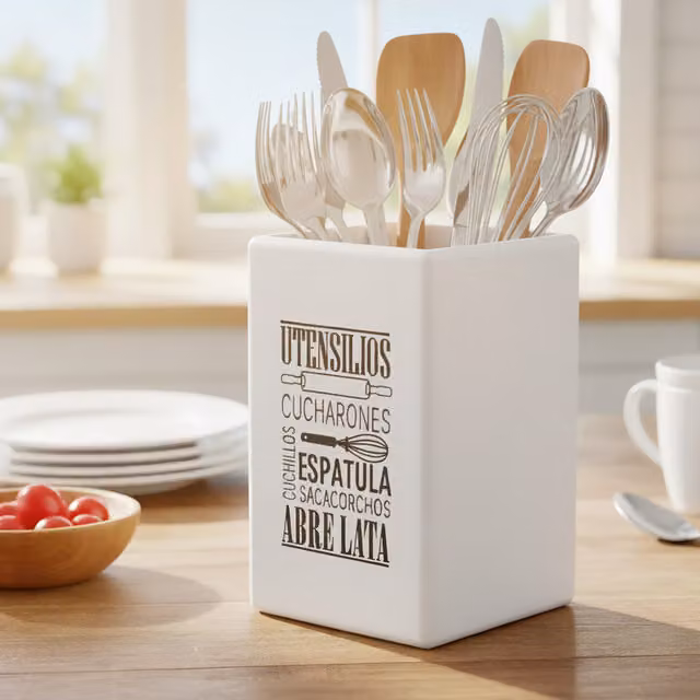 Maison Des Cadeaux White Ceramic Kitchen Utensil Holder with Spanish Word Cloud