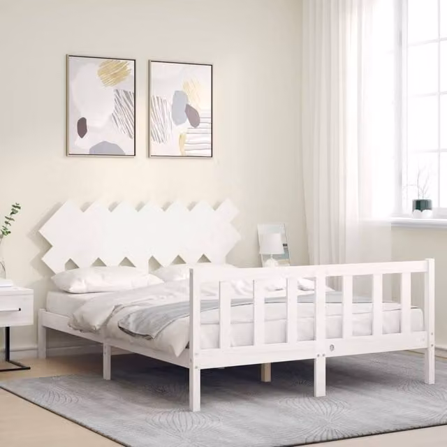 Berkfield Home Beautiful Solid Wood Bed Frame with Headboard in White, W/D/H: 140 x 200 x 80.5 cm