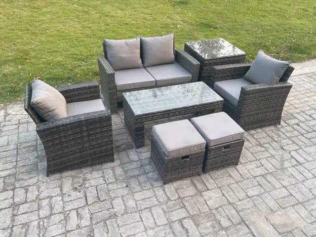 Fimous 6 Seater Outdoor Rattan Garden Furniture Set in Dark Grey with Coffee Table, Side Table, and 2 Footstools
