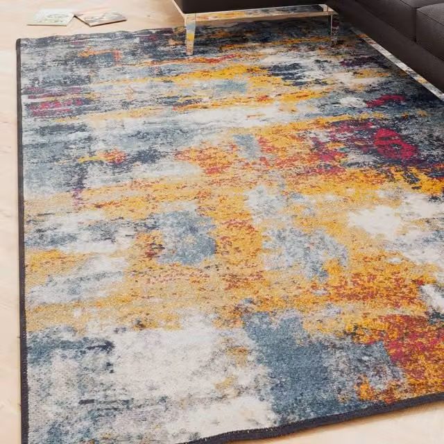 Kukoon Blue and Multicolour Abstract Modern Chenille Washable Living Room Area Rug W: 240 cm, D: 330 cm – 1