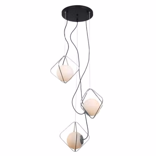 Italux Canto Modern Suspended Pendant Light in Chrome and Black with White Glass Shades, 3-Light, E27, Dimmable