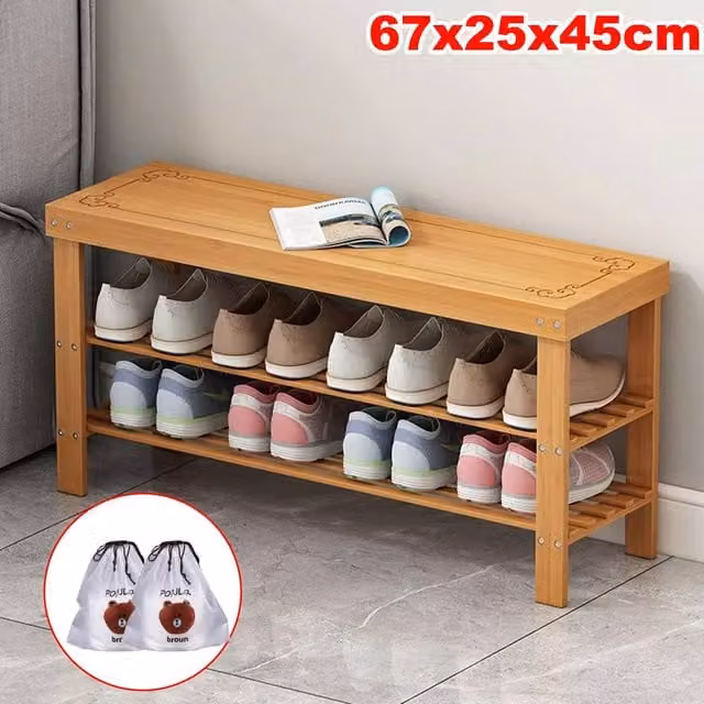 FORGEVIO Hallway Storage Bench with 3 Tier Wooden Shoe Rack in Brown – 1